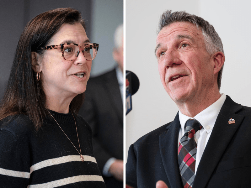 A woman in glasses and a black striped sweater speaks, and a man in a suit and plaid tie speaks at a separate event; the image is split into two panels.